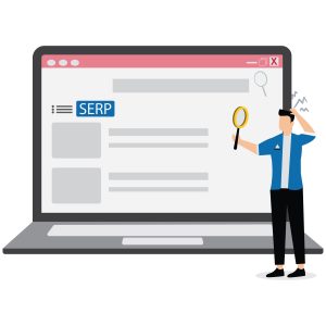 Illustration of a person holding a magnifying glass and scratching their head while standing in front of a large laptop screen displaying a search engine results page (SERP).