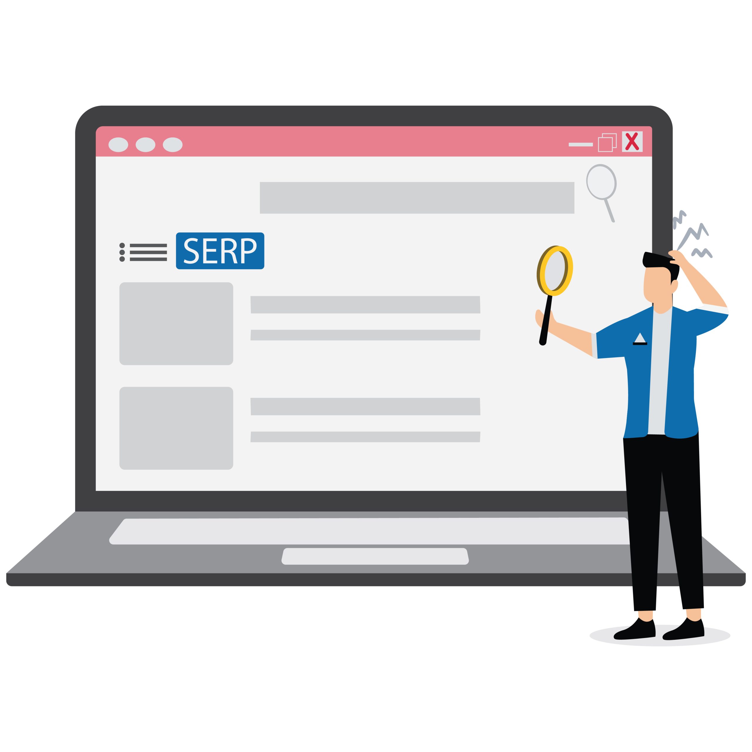 Illustration of a person holding a magnifying glass and scratching their head while standing in front of a large laptop screen displaying a search engine results page (SERP).