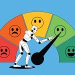 A robot adjusts a large gauge's needle toward the happiest green smiley face. The gauge displays a range of emotions from sad red faces on the left to happy green faces on the right, against a blue background.