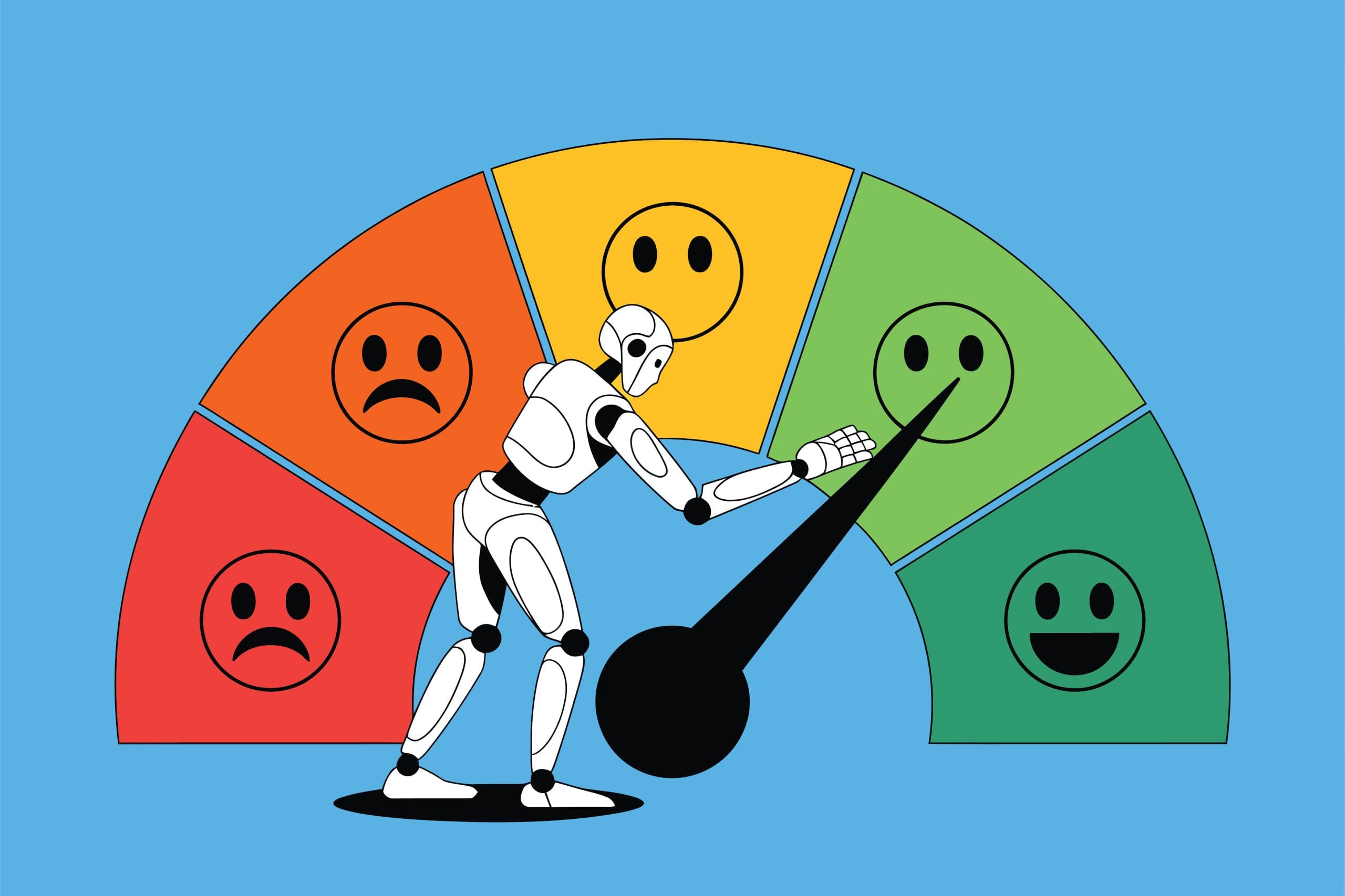 A robot adjusts a large gauge's needle toward the happiest green smiley face. The gauge displays a range of emotions from sad red faces on the left to happy green faces on the right, against a blue background.