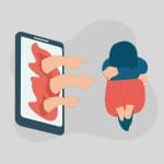 A person sits on the ground hugging their knees, looking upset, while several hands emerge from a smartphone screen, pointing at them accusingly.