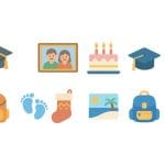 A set of colorful icons including a birthday cake, graduation cap, family photo, bicycle, backpack, baby footprints, Christmas stocking, and a beach scene, arranged in two horizontal rows on a white background.