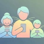 Illustration of three people—an older adult, an adult, and a child—holding smartphones, with lines suggesting communication or connectivity, on a blue-green gradient background.