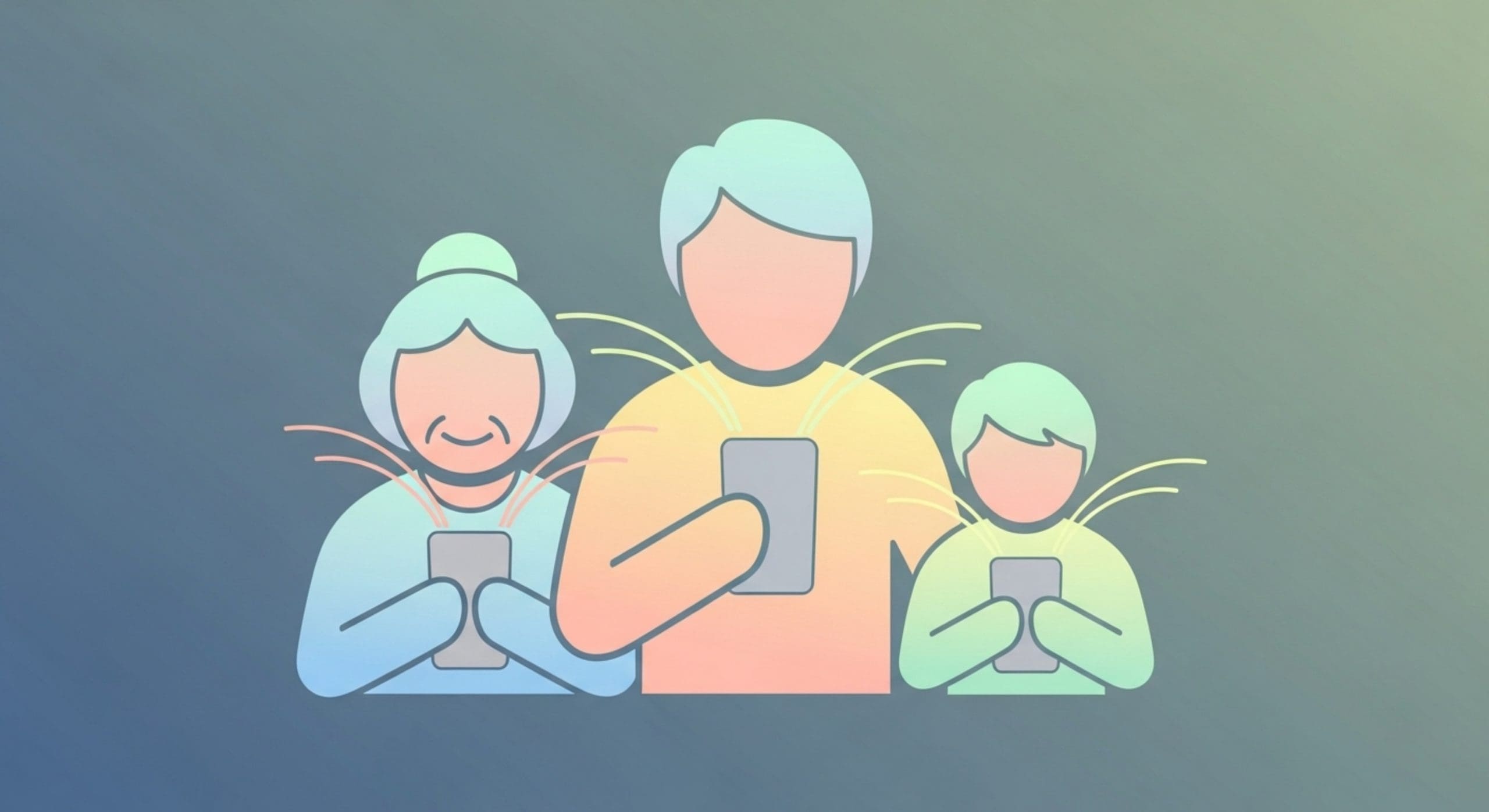 Illustration of three people—an older adult, an adult, and a child—holding smartphones, with lines suggesting communication or connectivity, on a blue-green gradient background.