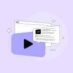 Illustration of a large play button overlaid on a browser window and a chat bubble with text, set against a light purple background with sparkling decorative elements.