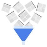 A blue funnel collects multiple web pages or documents from above, symbolizing data or information filtering or processing.