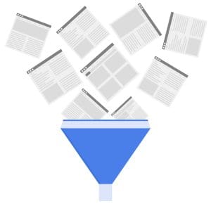 A blue funnel collects multiple web pages or documents from above, symbolizing data or information filtering or processing.