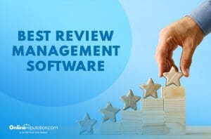 A hand places a wooden star atop a staircase of wooden blocks, each step featuring stars. Text reads: "Best Review Management Software." OnlineReputation.com logo appears in the bottom left corner, highlighting the best review management software choice.
