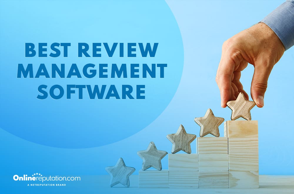 A hand places a wooden star atop a staircase of wooden blocks, each step featuring stars. Text reads: "Best Review Management Software." OnlineReputation.com logo appears in the bottom left corner, highlighting the best review management software choice.
