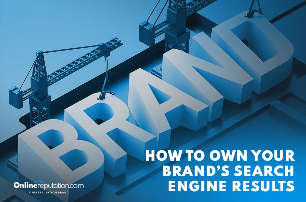 Large 3D letters spelling "BRAND" with cranes assembling them; text below reads, "How to own your search engine results." Logo in the corner says "Onlinereputation.com, a NetReputation brand.