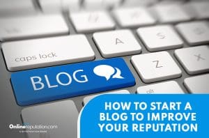 A computer keyboard with a large blue "BLOG" key featuring a speech bubble icon, alongside text that reads, "How to start a blog to improve your reputation." Perfect for those ready to start a blog and boost their online presence.