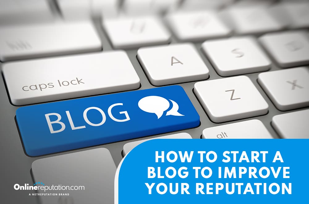 A computer keyboard with a large blue "BLOG" key featuring a speech bubble icon, alongside text that reads, "How to start a blog to improve your reputation." Perfect for those ready to start a blog and boost their online presence.