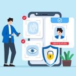 Illustration of a person using a smartphone for identity verification with biometric security icons, including a fingerprint, an eye scan, and a face scan, next to a shield with a lock and a potted plant.