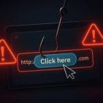 A digital illustration of a web address bar with "Click here" on it, being hooked by a fishing hook. Warning signs with exclamation marks appear, symbolizing a phishing scam or online fraud threat.