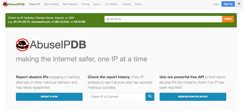 Screenshot of the AbuseIPDB homepage, showing a search bar for IP addresses, a green check banner, and options to report abuse, check report history, or register for a free API. The slogan reads, "making the internet safer, one IP at a time.