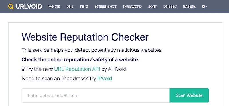 Screenshot of the URLVoid Website Reputation Checker page, showing a search bar to enter a website or URL and a green “Scan Website” button, with instructions to check a site's online reputation or safety.