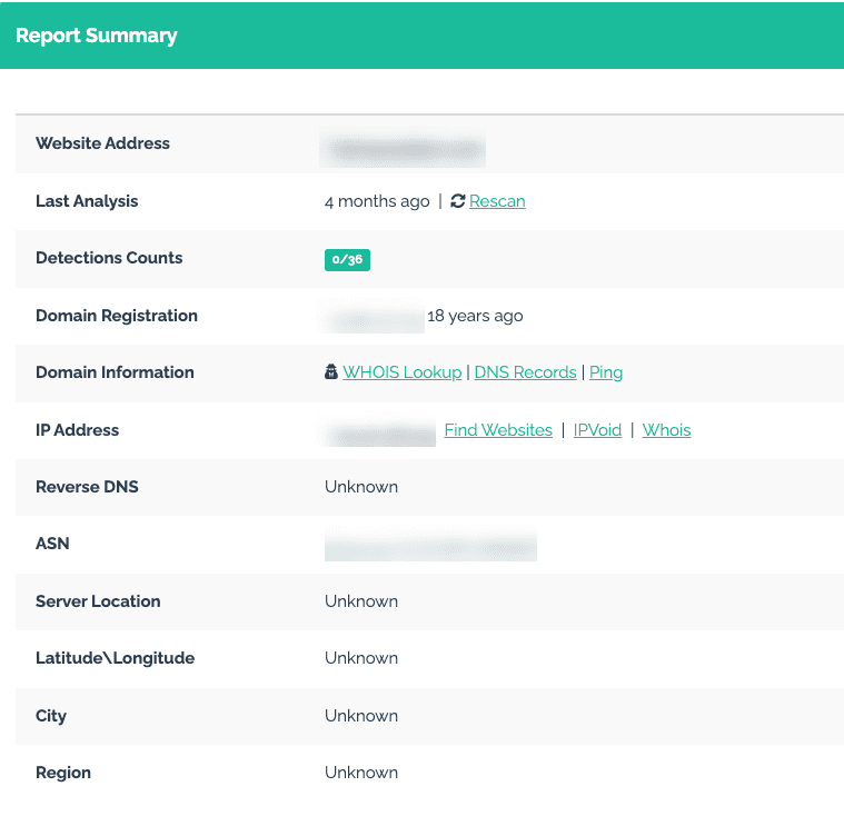 A website report summary displaying website address, last analysis date, detection counts (0/35), domain registration age (18 years), and multiple fields like IP address and server location, with many details marked as "Unknown.