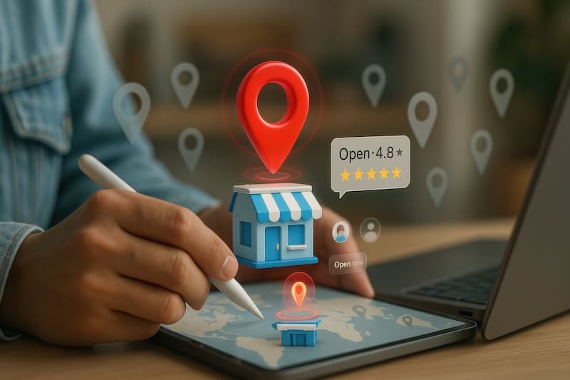 A person uses a laptop to look up a local business on the best review websites.