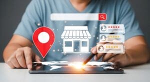 A person uses a laptop to look up a local business on the best review websites.