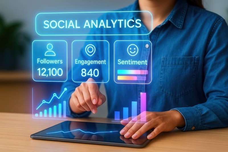 A person interacts with social media analytics on a tablet screen.