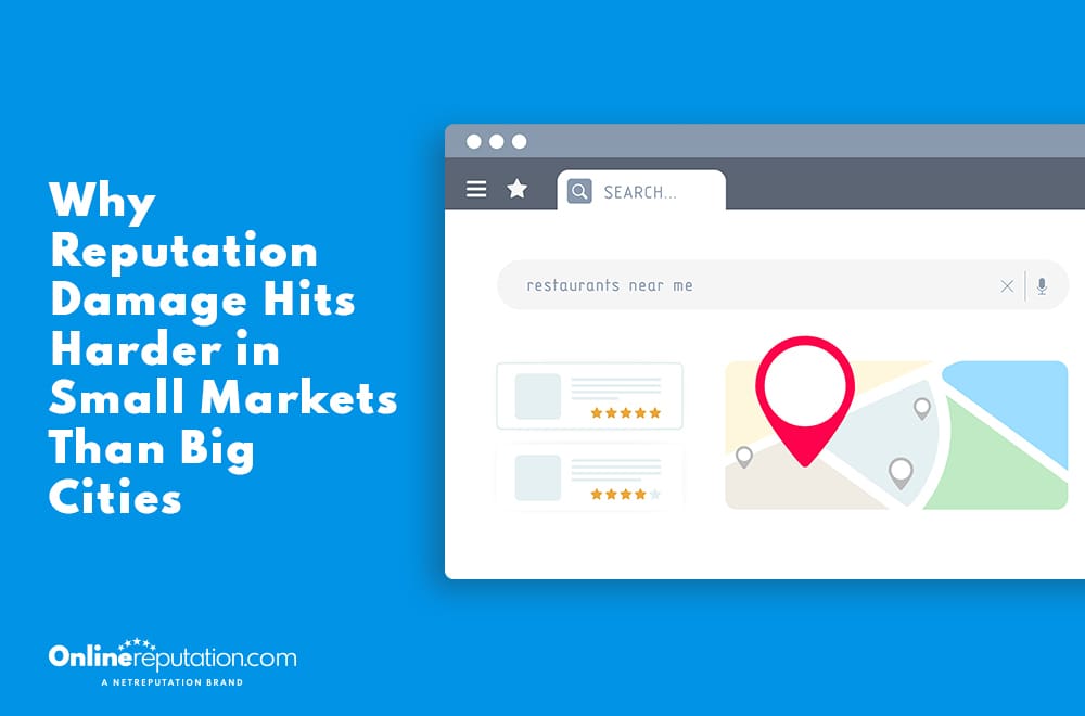 Illustration of a browser window with a search bar and map showing a location pin, alongside text: "Why Reputation Damage Hits Harder in Small Markets Than Big Cities." Reputation Damage insights by OnlineReputation.com at the bottom.