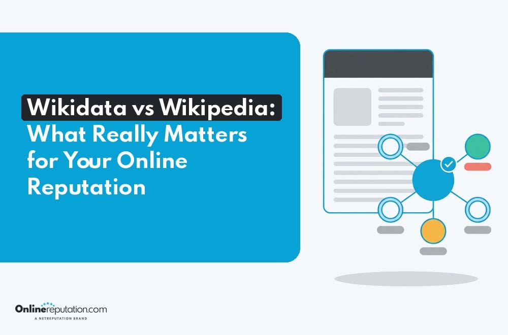 Graphic titled “Wikidata vs Wikipedia: What Really Matters for Your Online Reputation” featuring a document connected to a data network diagram, with the Onlinereputation.com logo in the corner.
