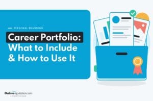 An illustration of a document folder containing charts and a checklist next to text reading “Personal Branding: Career Portfolio: What to Include & How to Use It.”