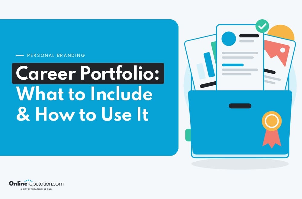 An illustration of a document folder containing charts and a checklist next to text reading “Personal Branding: Career Portfolio: What to Include & How to Use It.”