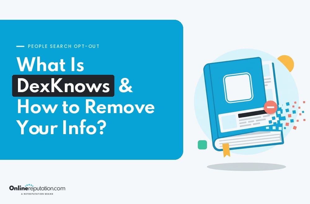 Graphic titled “People Search Opt-Out: What Is DexKnows & How to Remove Your Info?” featuring an illustration of a book with pages disintegrating into pixels as part of a Dex directory removal guide.
