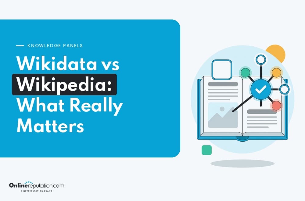 Graphic titled “Wikidata vs Wikipedia: What Really Matters,” featuring an illustration of an open book representing a Wikipedia page and a connected network node icon for Wikidata.